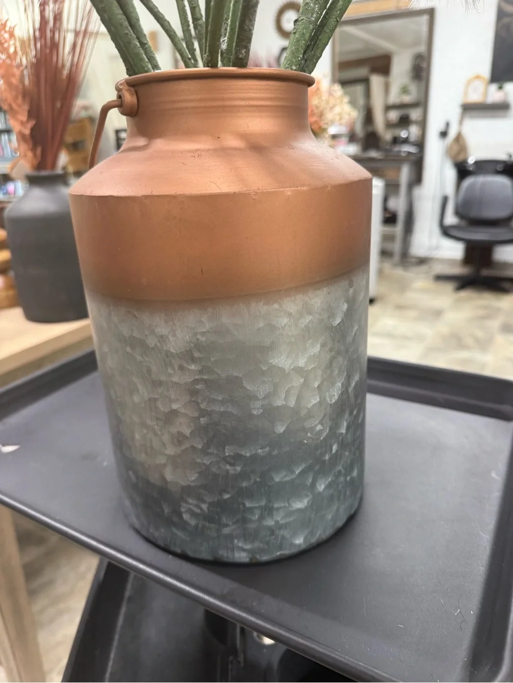 Decorative White Dandelion Stem Arrangement in Copper-Topped Metal Vase -